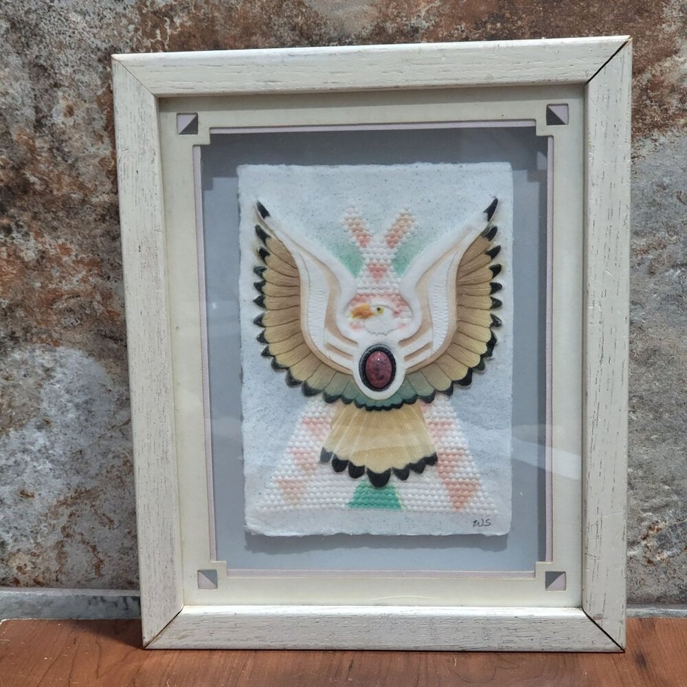 Framed Wall Art Southwest Tribal Eagle Oval Stone Matted Shadow Box Artist Signe